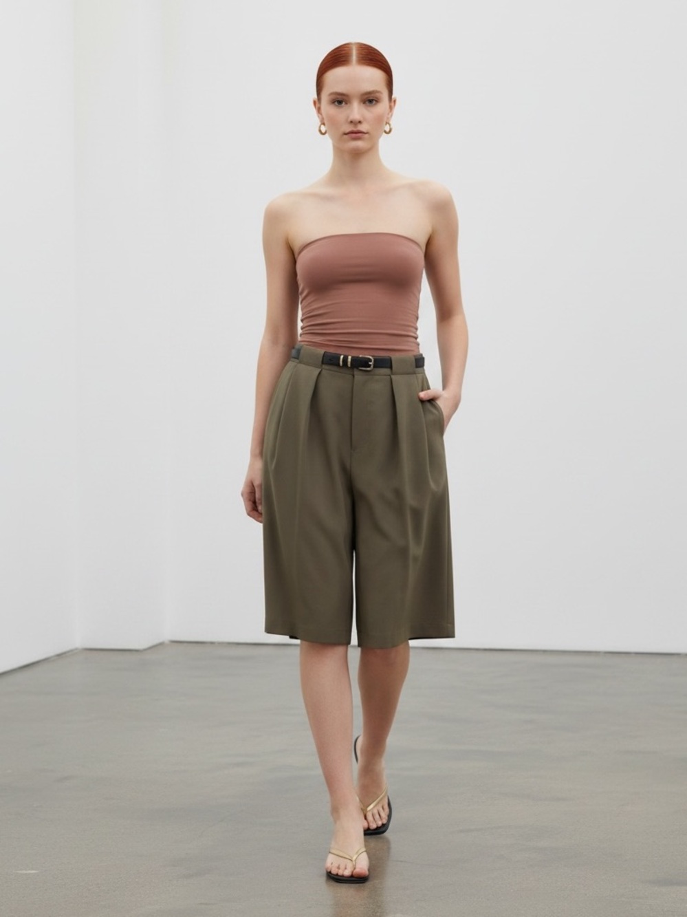 1360 • Olive Knee Length Belted Tailored Slant Pocket Shorts